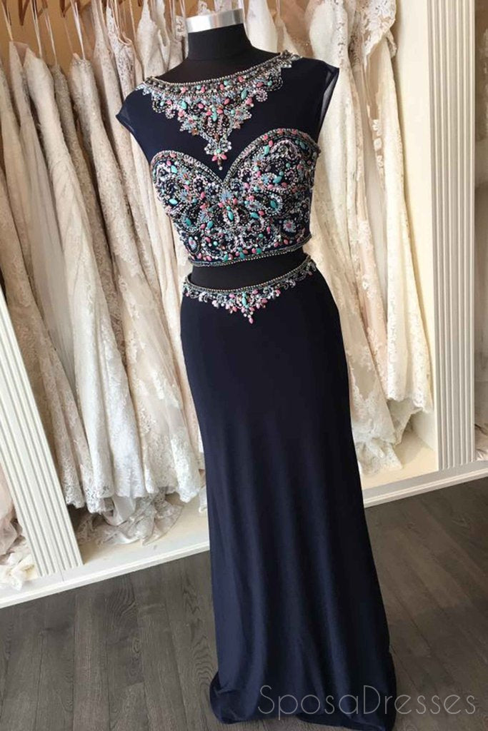 Two Pieces Open Back Navy Beaded Mermaid Long Evening Prom Dresses, 17663