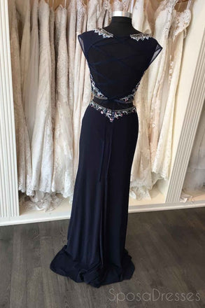 Two Pieces Open Back Navy Beaded Mermaid Long Evening Prom Dresses, 17663