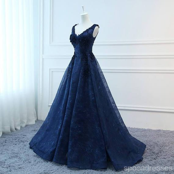 Corset Navy V Neck A-line Lace Custom Long Evening Prom Dresses, 17716 SposaDresses Corset Navy V Neck A-line Lace Custom Long Evening Prom Dresses, 17716 SposaDresses