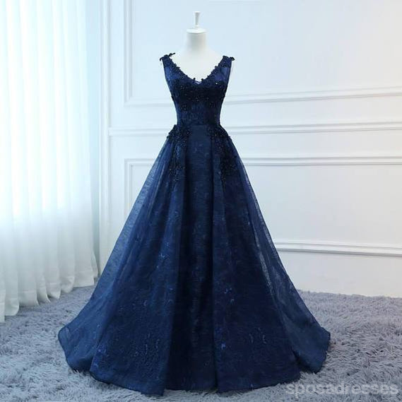 Corset Navy V Neck A-line Lace Custom Long Evening Prom Dresses, 17716 SposaDresses Corset Navy V Neck A-line Lace Custom Long Evening Prom Dresses, 17716 SposaDresses
