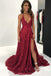 Sexy Lace V Neck Side Slit Maroon A-line Long Evening Prom Dresses, 17711
