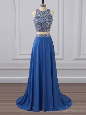 Two Pieces Rhinestone Beaded Chiffon Blue Long Evening Prom Dresses, 17655