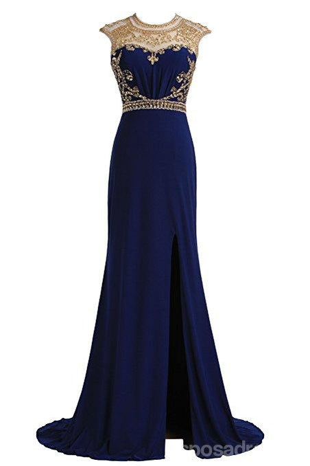 Royal Blue Gold Beaded Side Slit Mermaid Long Evening Prom Dresses, 17 SposaDresses Royal Blue Gold Beaded Side Slit Mermaid Long Evening Prom Dresses, 17 SposaDresses