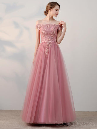 Off Shoulder Pink Tulle A-line Long Evening Prom Dresses, 17681