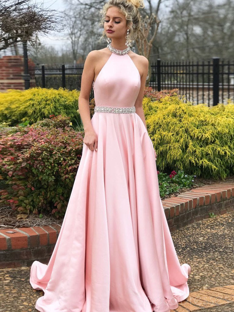 Sexy Backless Pink Halter A-line Long Evening Prom Dresses, 17685
