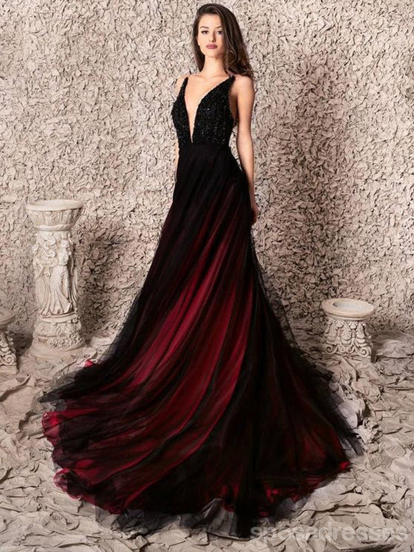Black Red A-line Deep V-veck Cheap Long Prom Dresses Online,12949 SposaDresses Black Red A-line Deep V-veck Cheap Long Prom Dresses Online,12949 SposaDresses