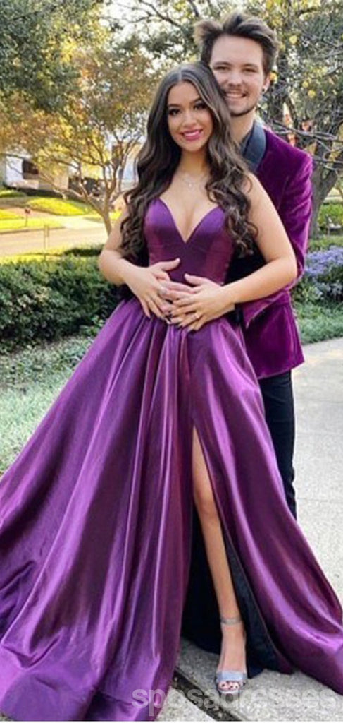Purple A-line Spaghetti Straps V-neck High Slit Long Party Prom Dresses,Cheap Prom Dresses,12548