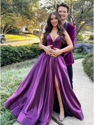 Purple A-line Spaghetti Straps V-neck High Slit Long Party Prom Dresses,Cheap Prom Dresses,12548