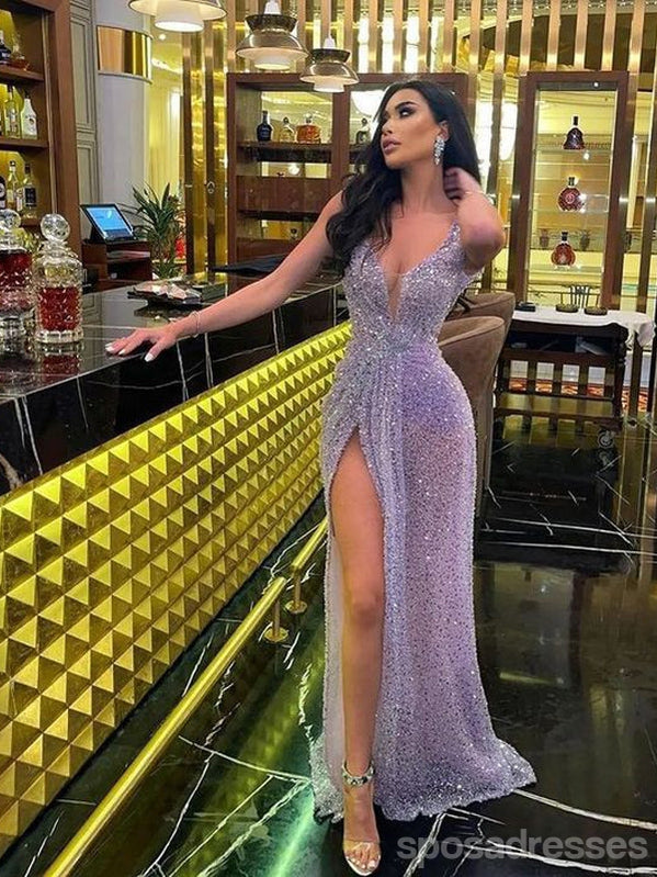 Sexy Purple V-neck High Slit Cheap Long Prom Dresses Online,12982