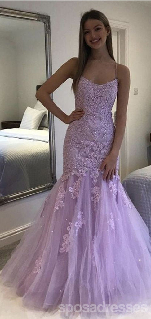 Purple Mermaid Spaghetti Straps Cheap Long Prom Dresses, Evening Party Dresses,12938