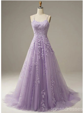 Purple A-line Spaghetti Straps Backless Cheap Long Prom Dresses Online,12813