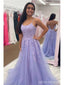 Sparkly Purple A-line Spaghetti Straps Backless Cheap Long Prom Dresses,12830