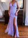Purple Mermaid Spaghetti Straps V-neck High Slit Long Prom Dresses Online,12726