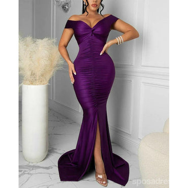 Sexy Purple Mermaid Off Shoulder V-neck Cheap Long Bridesmaid Dresses,WG1586