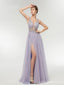 Purple A-line V-neck See Through High Slit Long Party Prom Dresses Online,12556