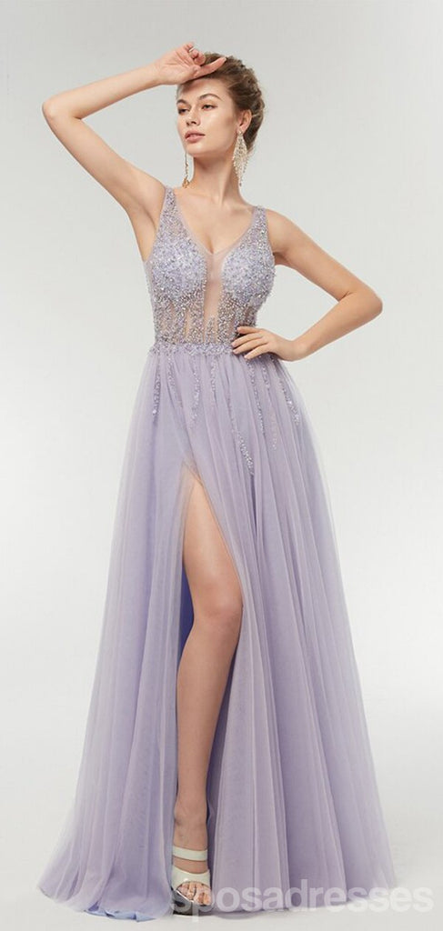 Purple A-line V-neck See Through High Slit Long Party Prom Dresses Online,12556