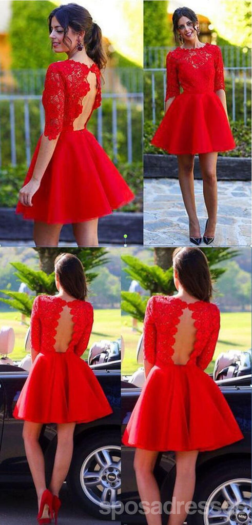 Red Sexy Long sleeve open back lace homecoming prom dresses, Sweet 16 ...