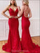 Red Lace Mermaid Backless Evening Prom Dresses, Evening Party Prom Dresses, 12196