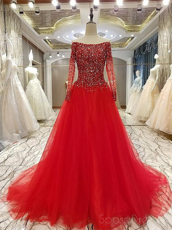 Off Shoulder Long Sleeve Rhinestone Beaded Long Evening Prom Dresses, SposaDresses Off Shoulder Long Sleeve Rhinestone Beaded Long Evening Prom Dresses, SposaDresses
