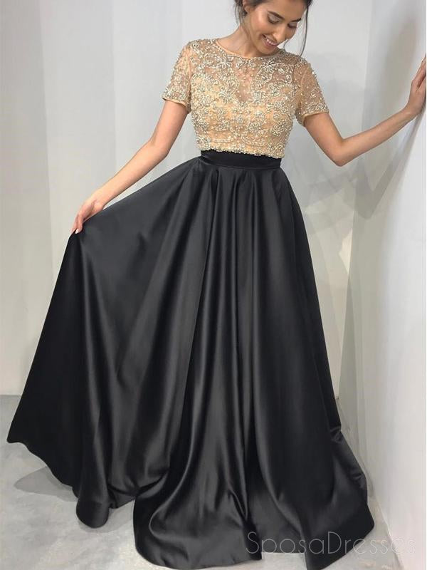 Short Sleeve Gold Beaded A line Black Long Evening Prom Dresses, 17653 SposaDresses Short Sleeve Gold Beaded A line Black Long Evening Prom Dresses, 17653 SposaDresses