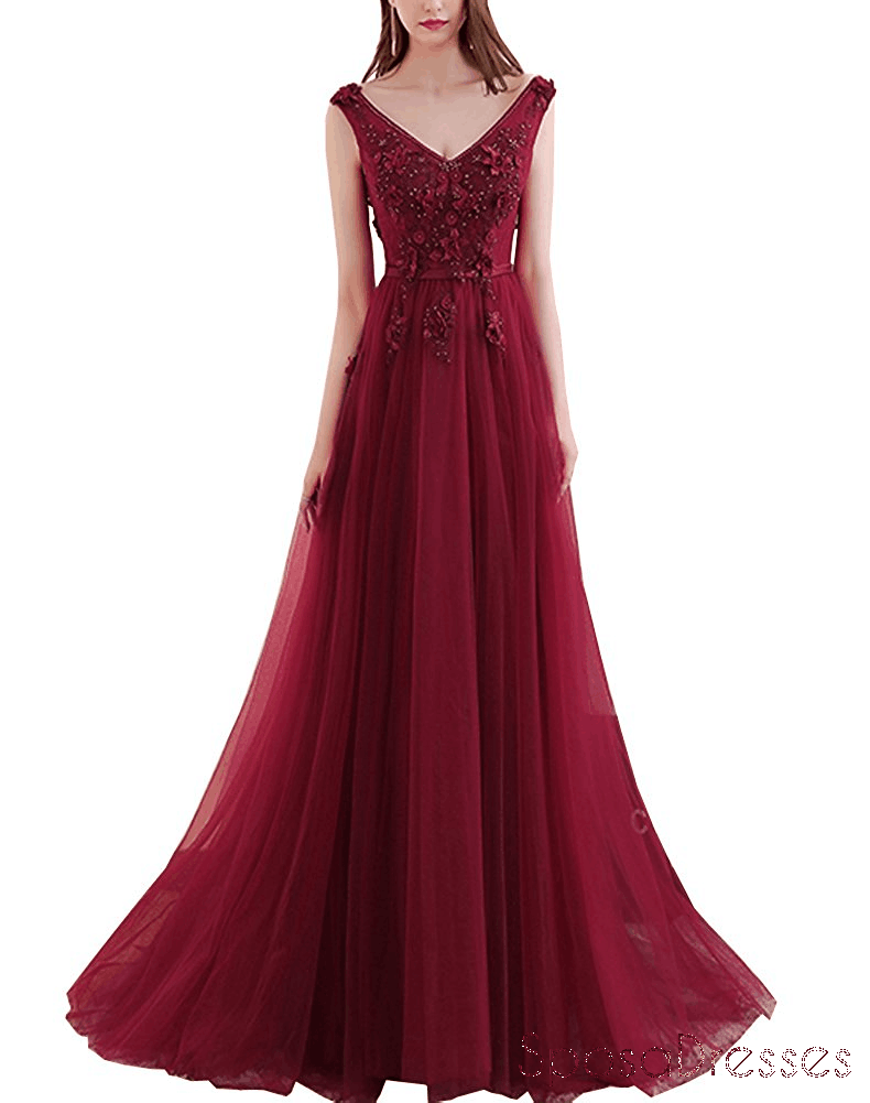 Maroon Sexy Deep V Neckline Lace Beaded Long Evening Prom Dresses, Popular Cheap Long 2018 Party Prom Dresses, 17300