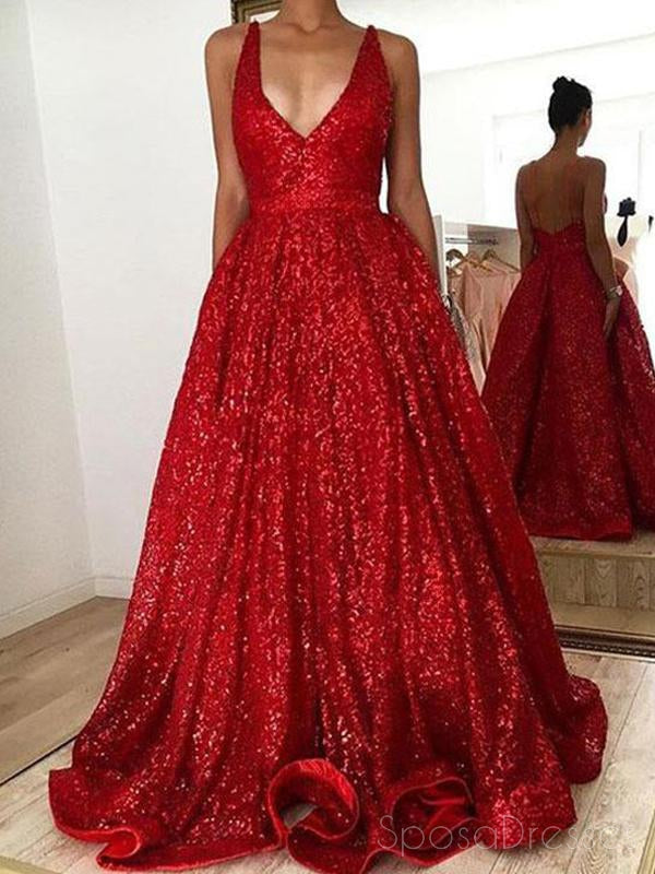 V Neck Backless Sparkly Red A-line Long Evening Prom Dresses, 17666 – SposaDresses V Neck Backless Sparkly Red A-line Long Evening Prom Dresses, 17666 – SposaDresses
