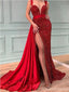 Sexy Red Mermaid V-neck High Slit Cheap Long Prom Dresses,13034