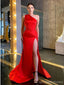 Sexy Red Mermaid One Shoulder Side Slit Cheap Long Prom Dresses,12976