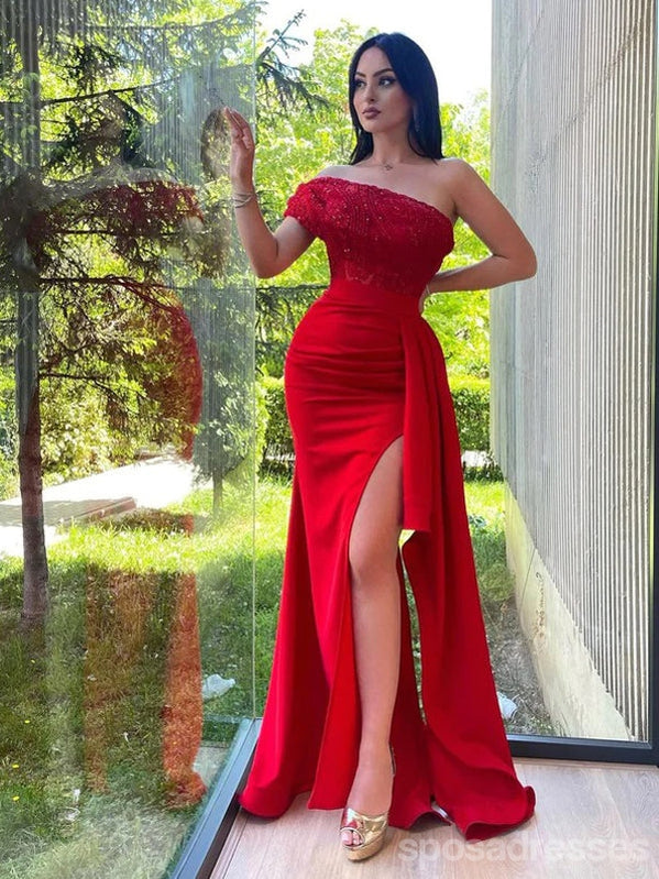 Sexy Red Mermaid One Shoulder High Slit Long Prom Dresses,Evening Dreses,13097