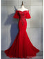 Red Mermaid Short Sleeves Cheap Long Prom Dresses,Evening Party Dresses,12941