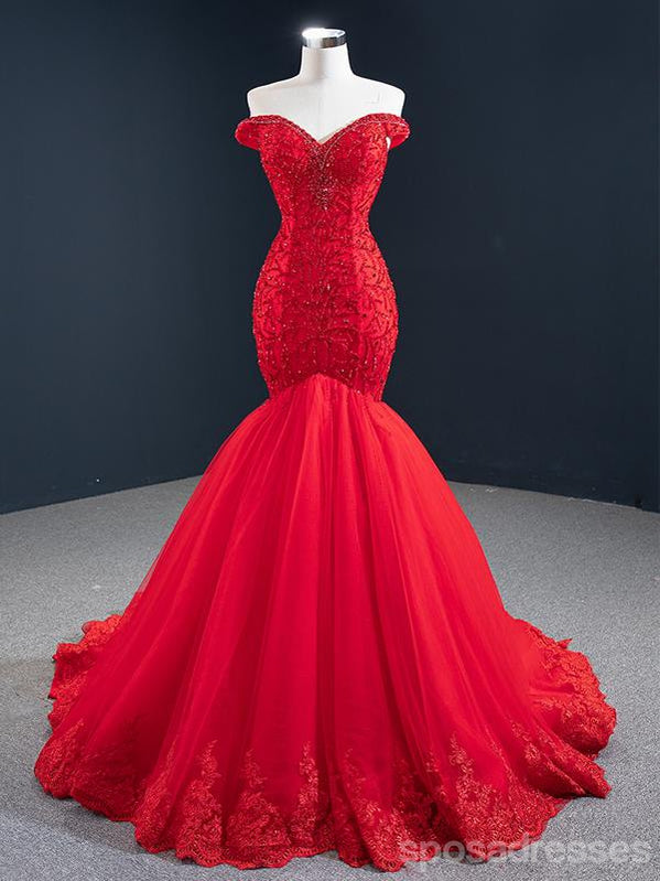 Red Mermaid V-neck Off Shoulder Long Party Prom Dresses Online,12566