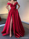 Simple Red A-line Off Shoulder High Slit V-neck Long Prom Dresses Online,12663