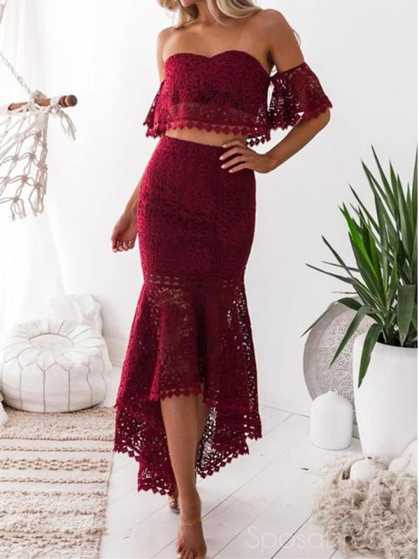 red two piece lace dress Spaghetti Strap Tulle Long Prom Sweep Train Sleeve Length Chic Two-Piece Dress - Red