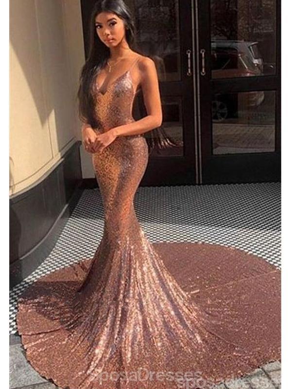 Spaghetti Straps Rose Gold Mermaid Evening Prom Dresses, Evening Party –  SposaDresses