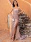 Rose Gold Mermaid One Shoulder High Slit Cheap Long Prom Dresses,13081