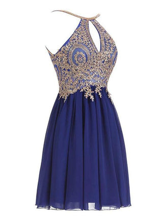 Halter Gold Lace Beaded Chiffon Short Cheap Homecoming Dresses Online, CM730