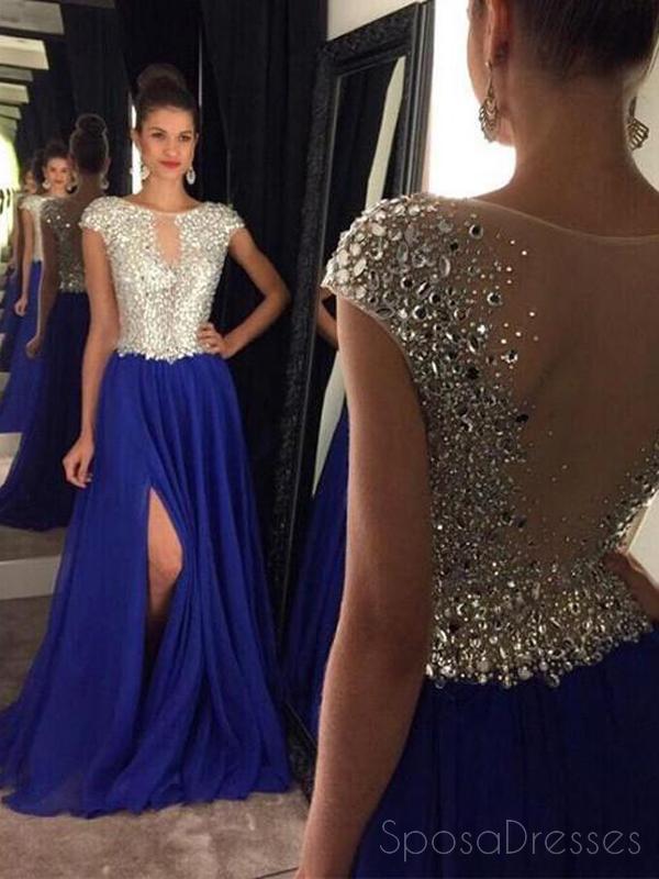 Royal Blue See Through Rhinestone Beaded Prom Dress, Cheap Long Prom Dresses, 17004