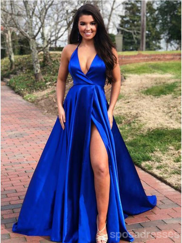Royal Blue A-line V-neck High Slit Cheap Long Prom Dresses Online,12601