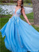 Blue A-line V-neck See Through Long Prom Dresses Online, Dance Dresses,12721
