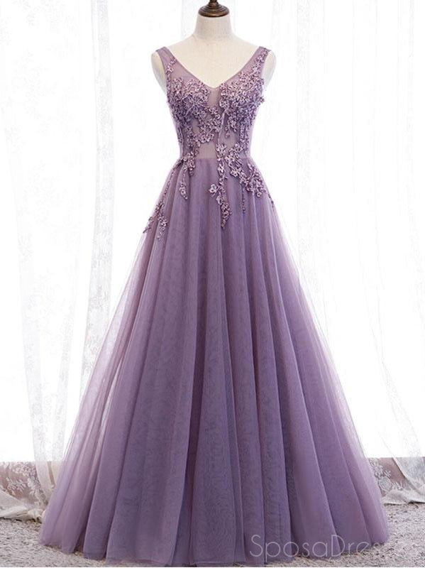 V Neck See Through Dusty Purple Long Evening Prom Dresses, Sweet 16 Prom Dresses, 12366