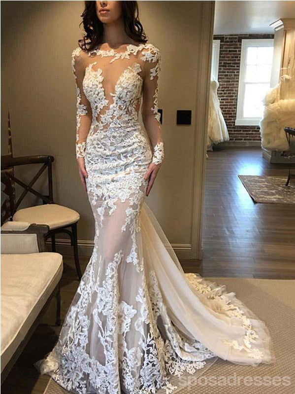 See Through Mermaid Long Sleeves Illusion Lace Wedding Dresses,WD773