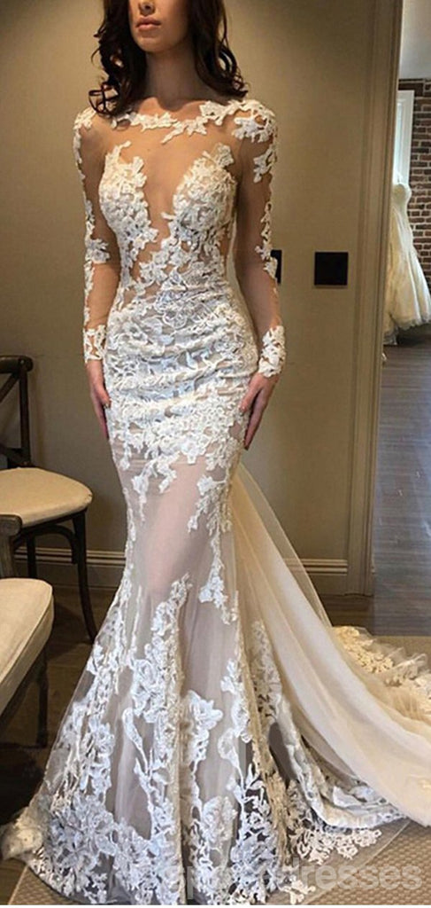 See Through Mermaid Long Sleeves Illusion Lace Wedding Dresses,WD773 ...