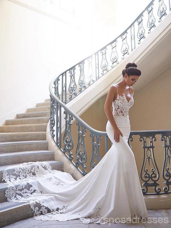 Sexy Long Mermaid See Through Spaghetti Straps Lace Wedding Dresses,,WD744