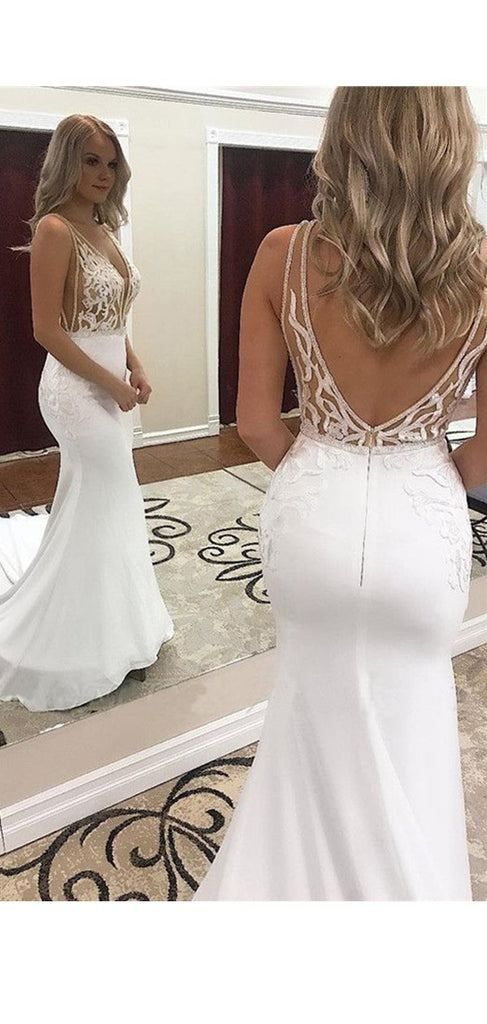 Long Mermaid See Through V-neck Backless Lace Wedding Dresses,WD770