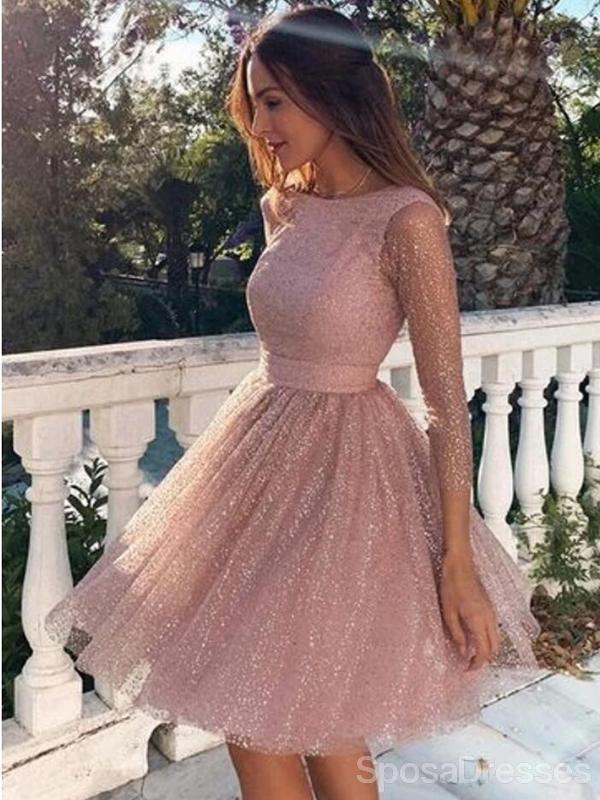 Long Sleeves Dusty Pink Sparkly Short Cheap Homecoming Dresses Online, SposaDresses Long Sleeves Dusty Pink Sparkly Short Cheap Homecoming Dresses Online, SposaDresses