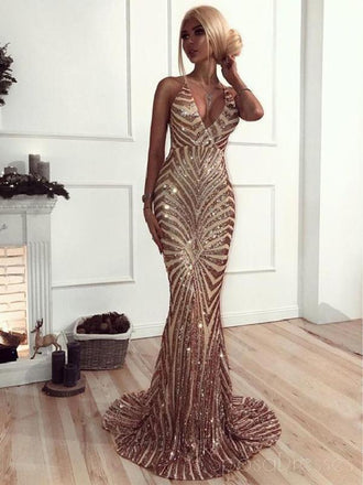 Sequin Mermaid Rose Gold Lace Long Evening Prom Dresses, Sparkly Party Prom Dresses, 18611
