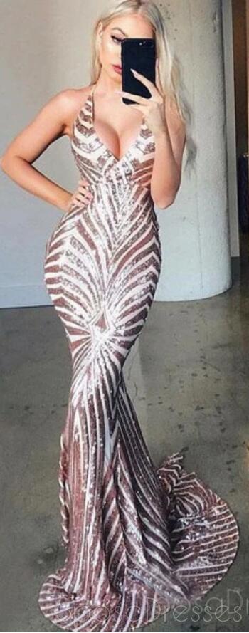 Rose Gold Sequin Mermaid Long Evening Prom Dresses, Cheap Custom Party Prom Dresses, 18579