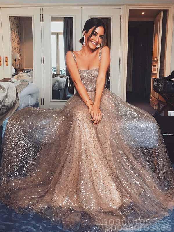 Sparkly Gold Sequin Suqare A-line Cheap Evening Prom Dresses, Cheap Cu – SposaDresses