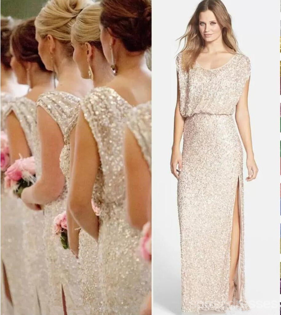 Casual V neck Gold Side Slit Long Sequin Bridesmaid Dresses Gown Online, WG1247