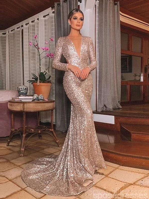 Mermaid V Neck Long Sleeves Long Prom Dresses, Sweet 16 Prom Dresses, SposaDresses Mermaid V Neck Long Sleeves Long Prom Dresses, Sweet 16 Prom Dresses, SposaDresses